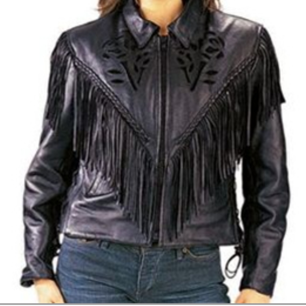 Leather Fringe Rose Inlay Jacket